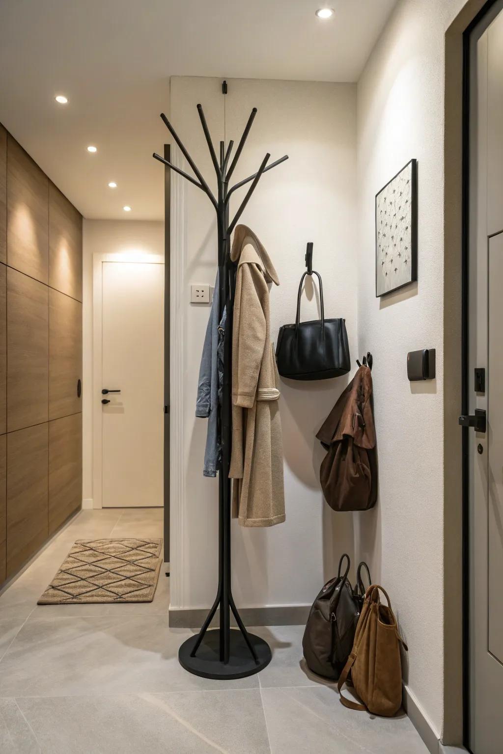 Choose a sleek and space-saving overcoat stand.