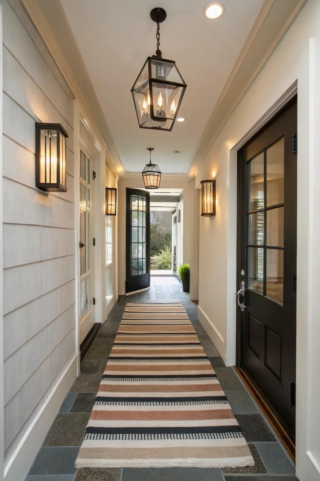 Striped corridor carpets assist in stretching and defining slender entryways.