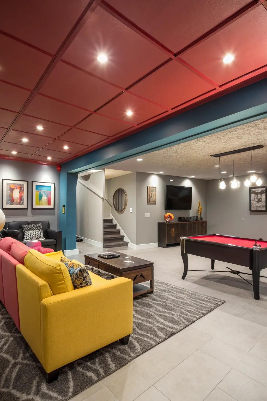 A daring, vibrant basement with a striking overhead color.