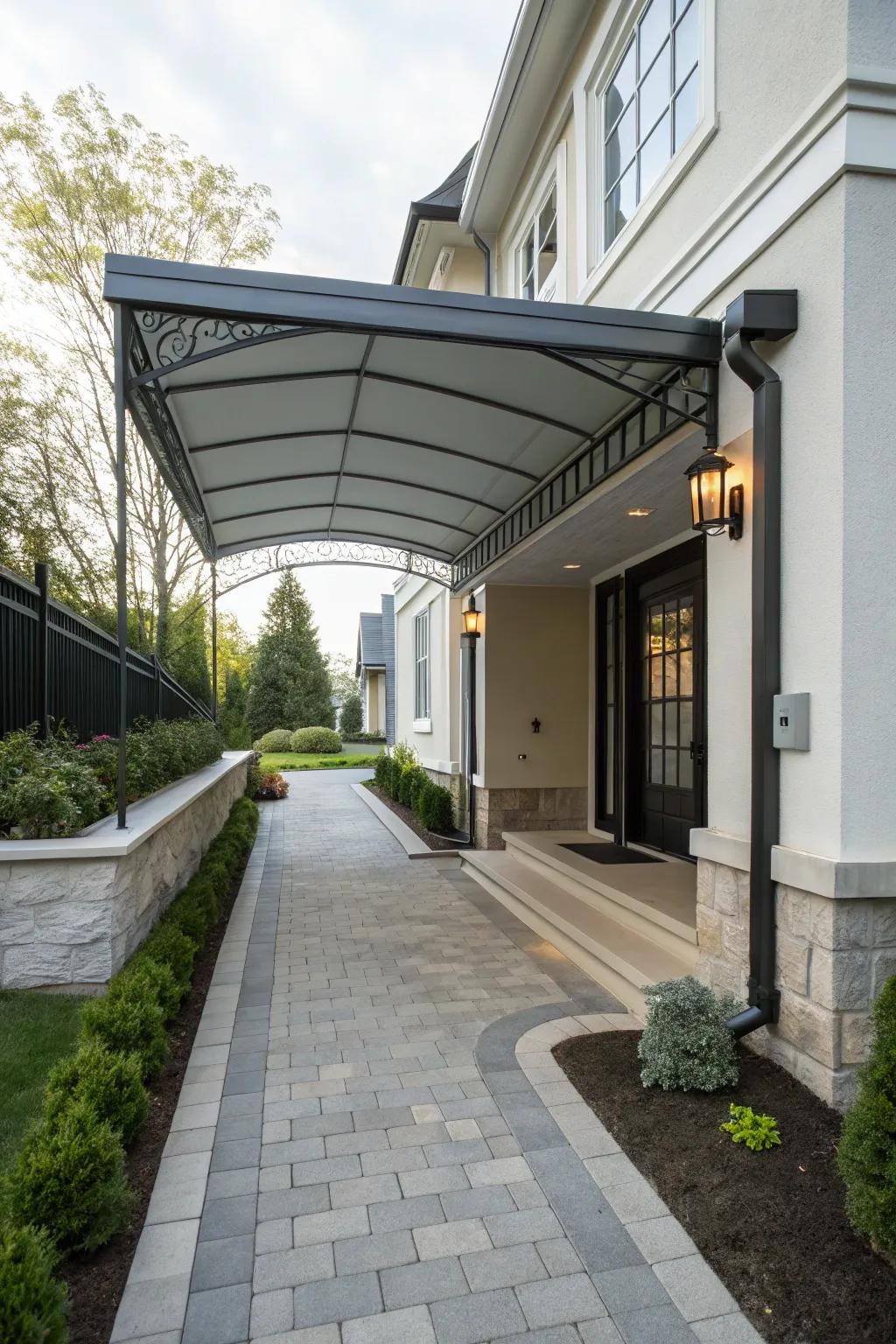 A covered entrance offers protection and style.