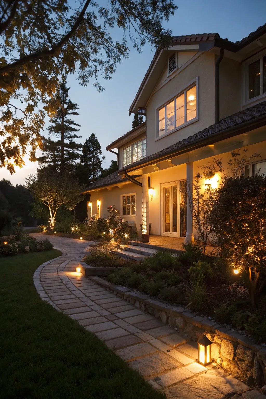 Magical outdoor lighting showcases this home beautifully.