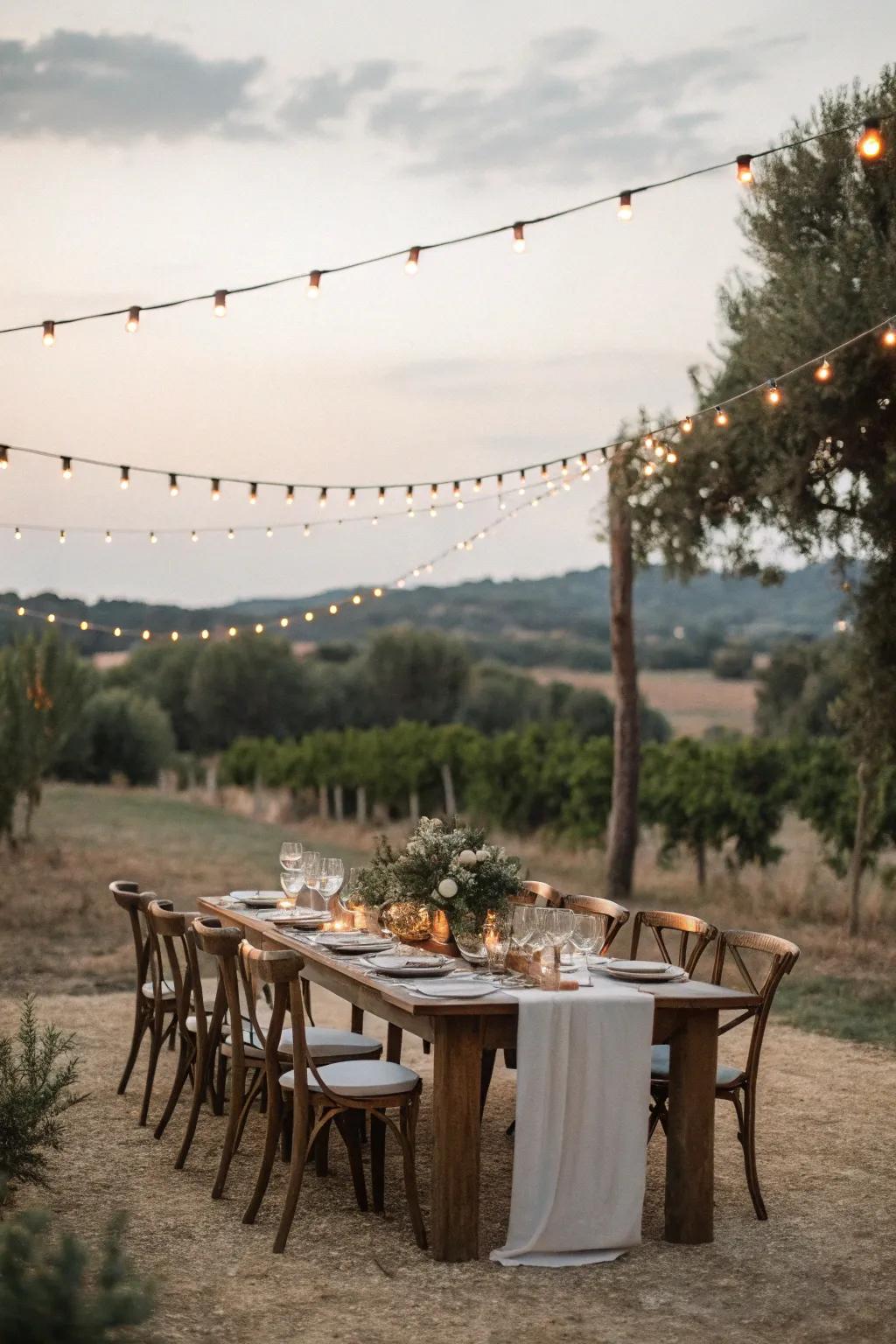 Rustic dining under twinkle lights offers a cozy ambiance.
