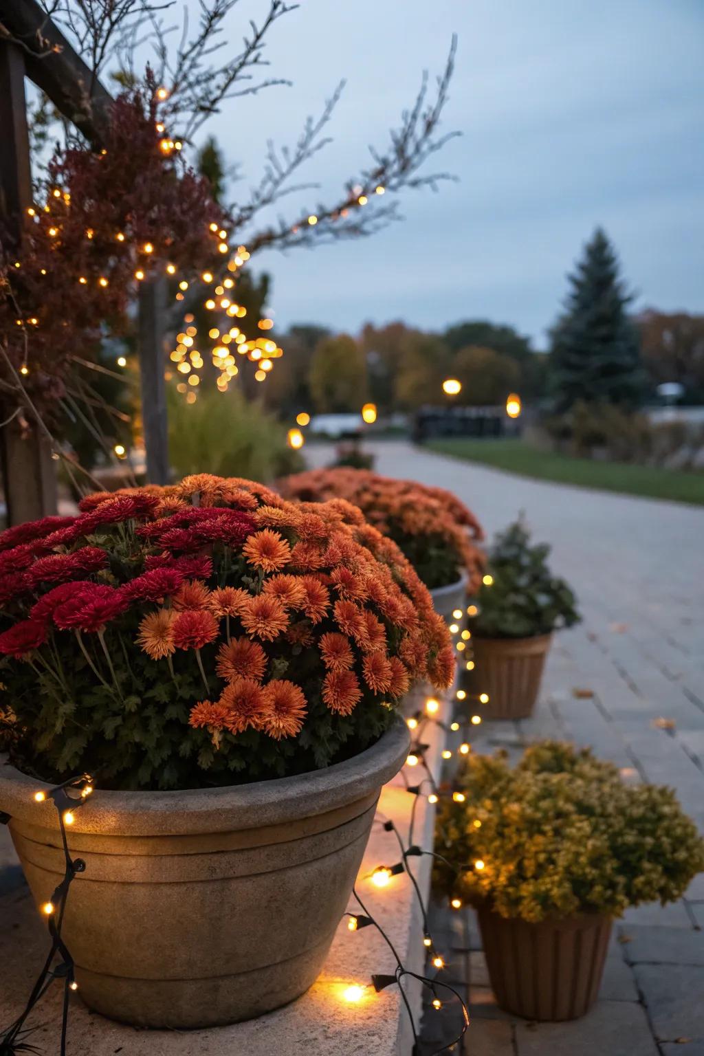 Cozy ambiance with mums and lights