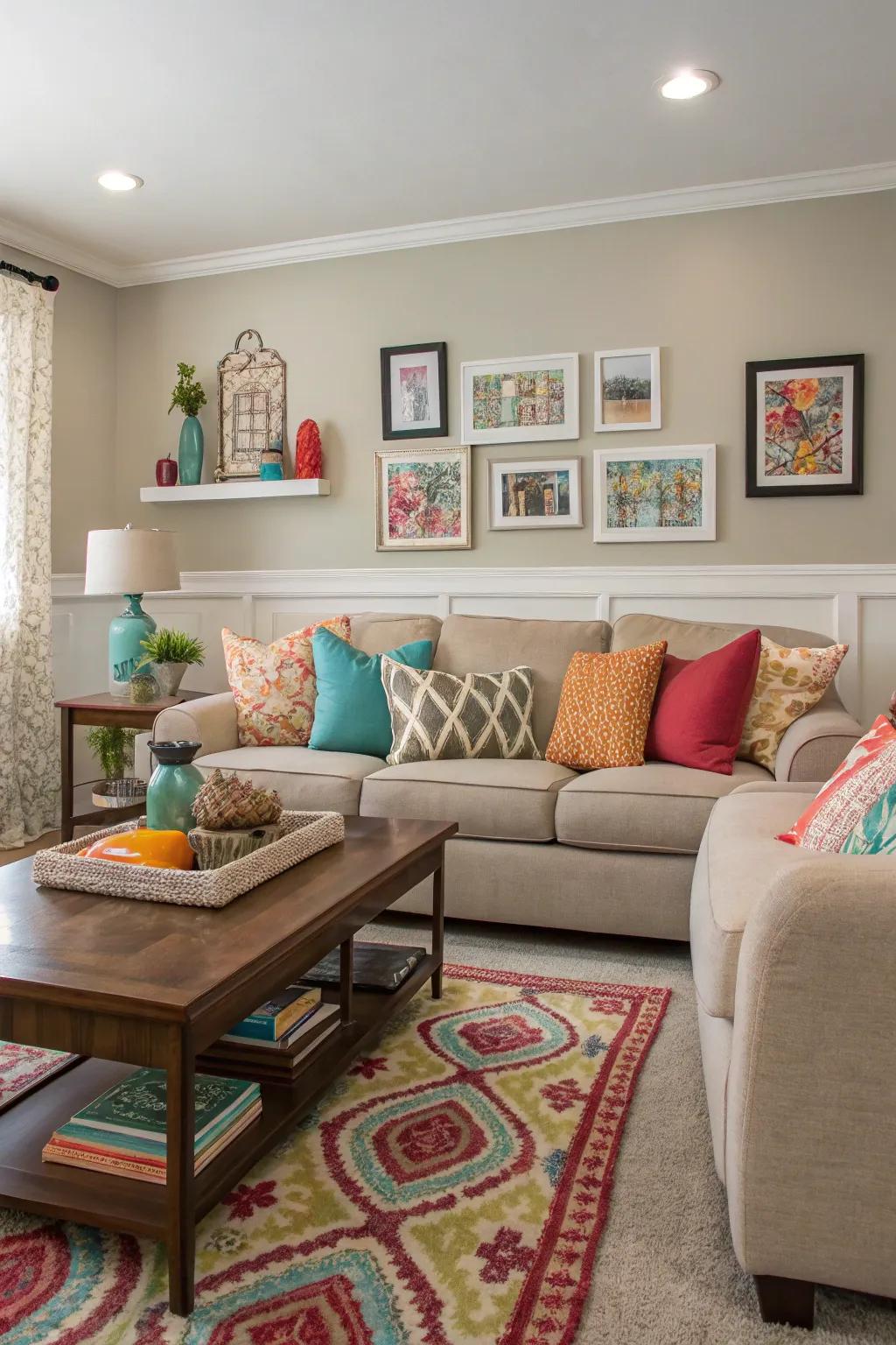 A family room lightened up with colorful accents.