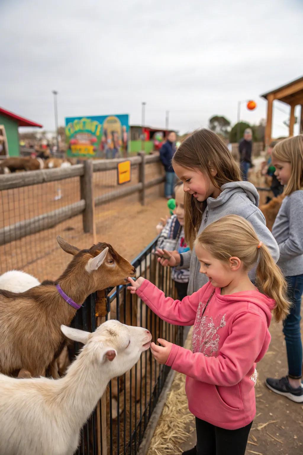 A petting farm featuring sheep and goats provides hands-on fun for people across age brackets.