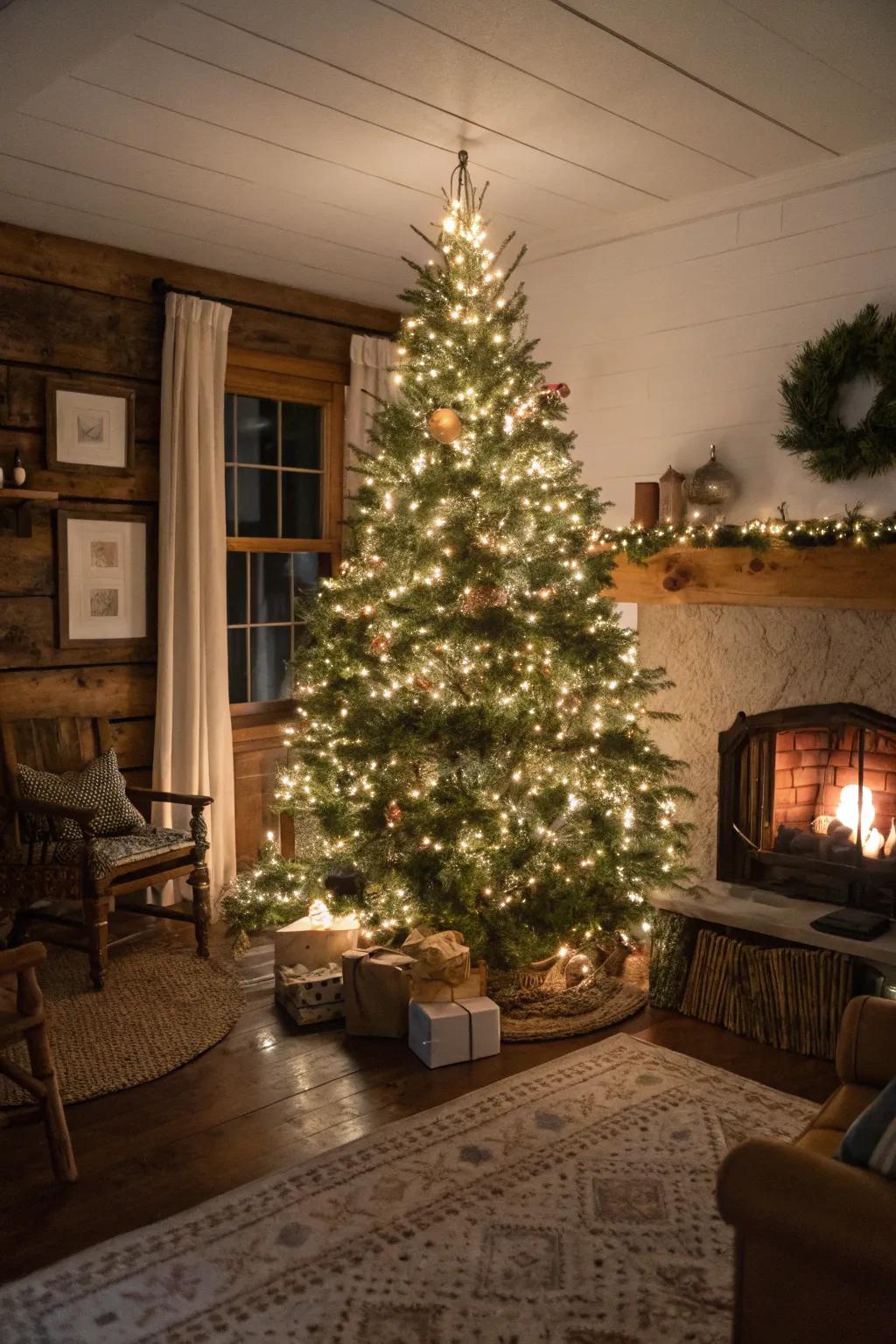 Warm string illumination envelops this farmhouse Christmas tree in a magical glow.