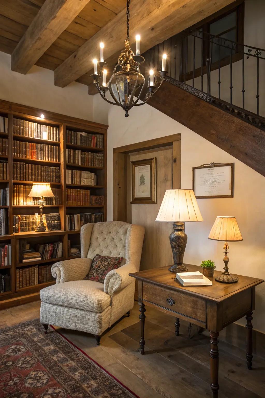 Gentle lighting from lamps and chandeliers establishes an inviting tone.