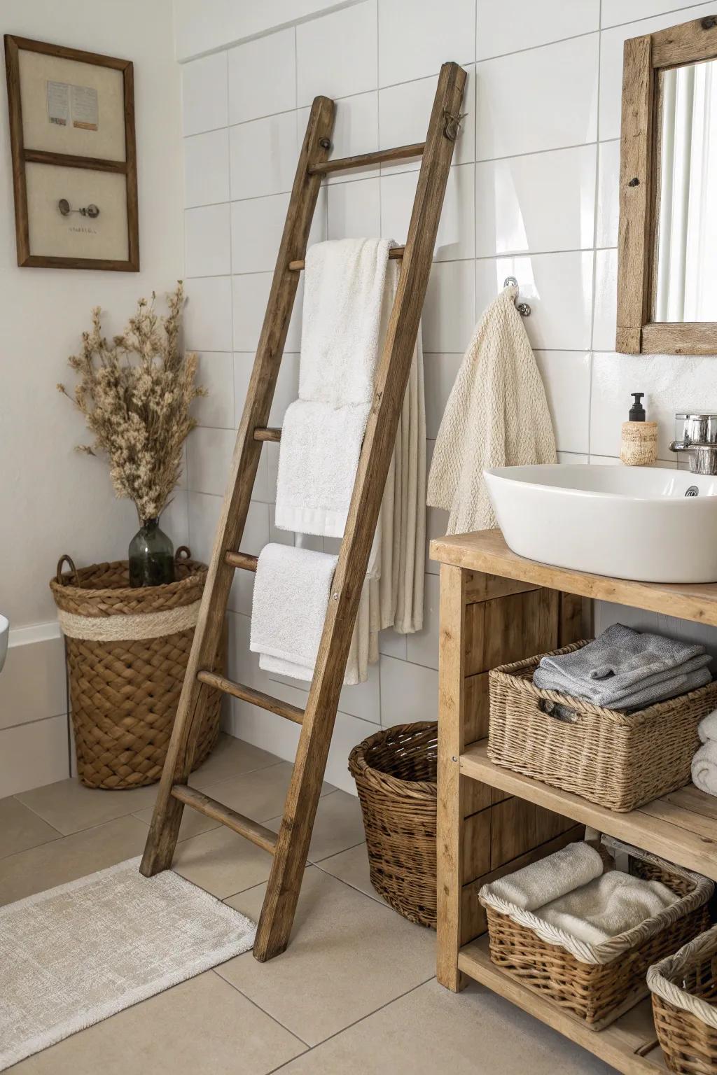 Bathroom organization with a rustic ladder