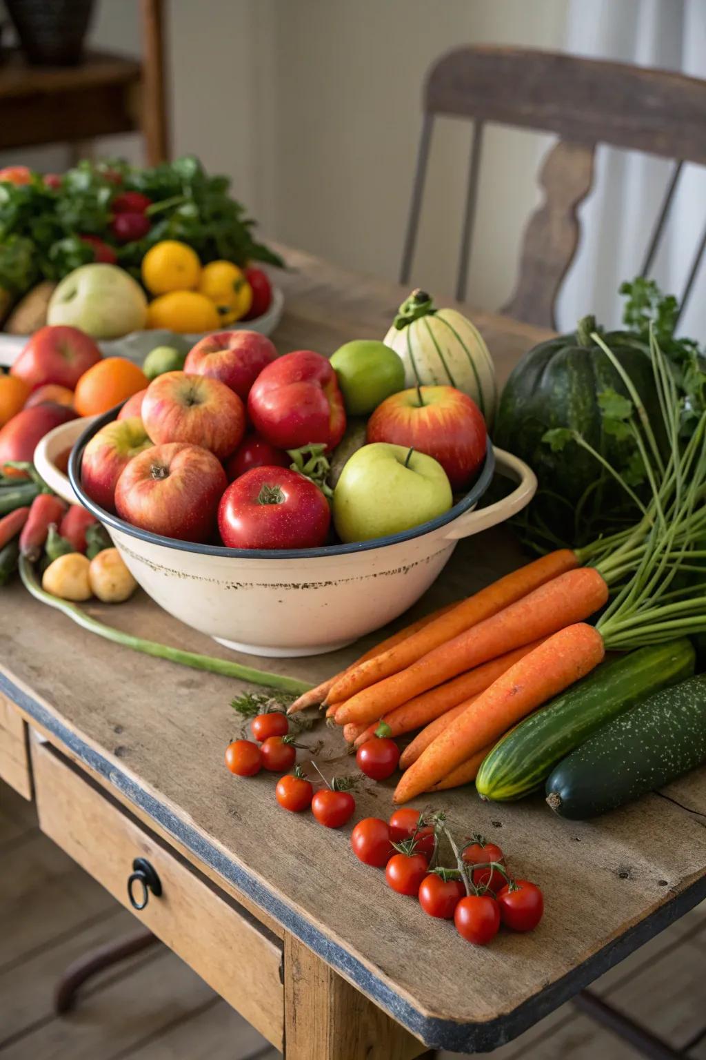 Seasonal fruits and vegetables provide a revitalizing and colorful centerpiece alternative.