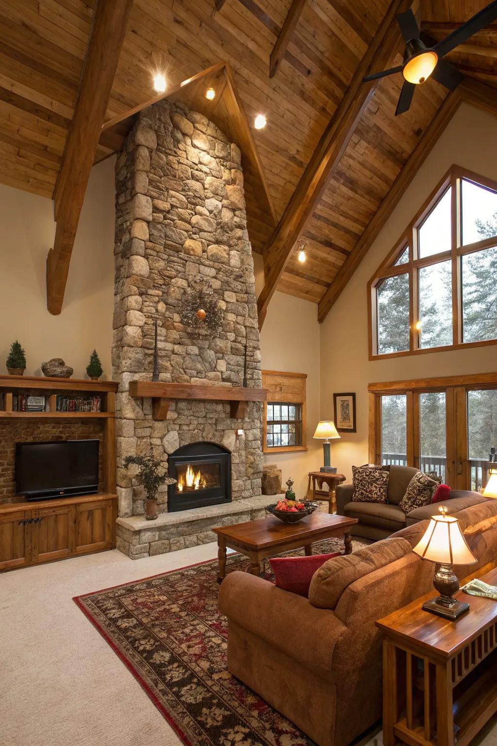 A dramatic floor-to-ceiling stone fireplace in a welcoming living room.