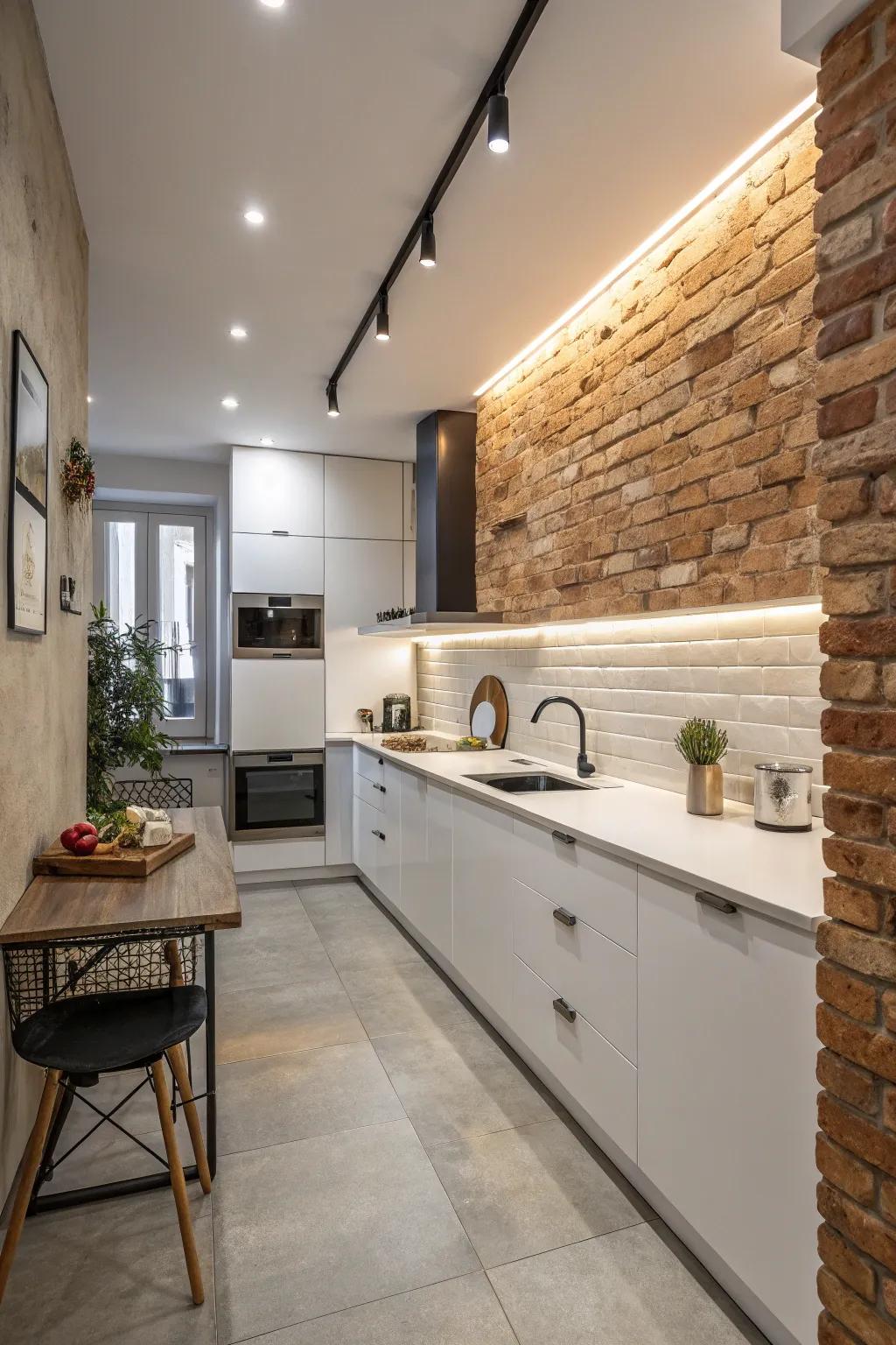 An exposed brick wall infuses rustic charm into the featured kitchen.