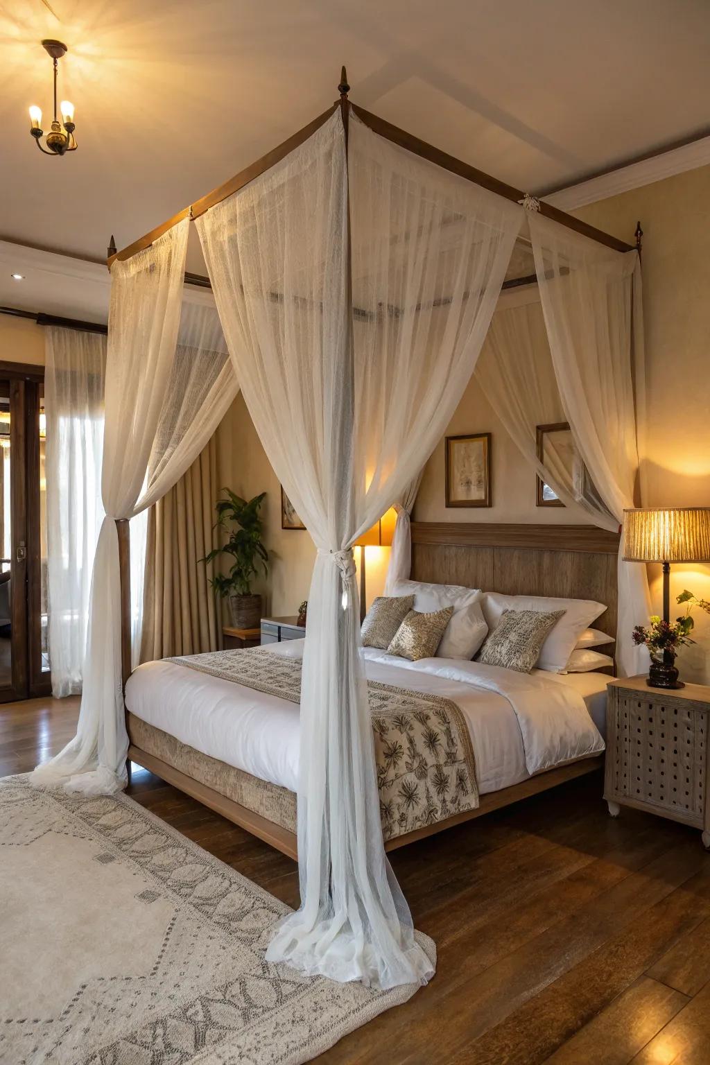 A romantic draped bed adding a hint of enchantment.