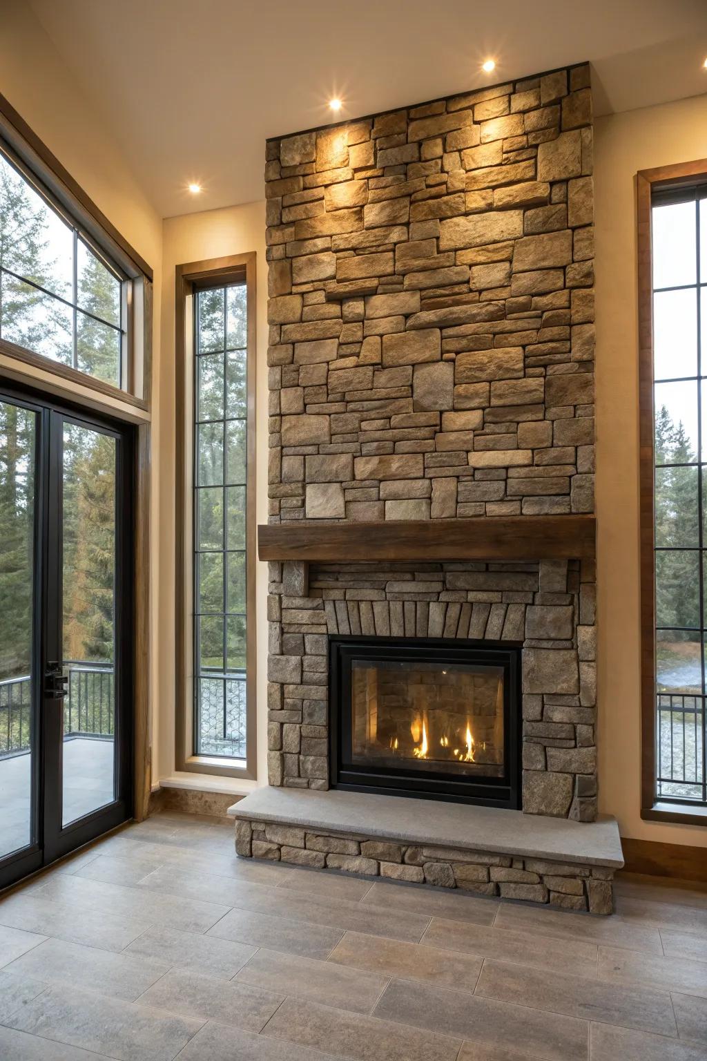 Contrasting textures enrich this fireplace setup.