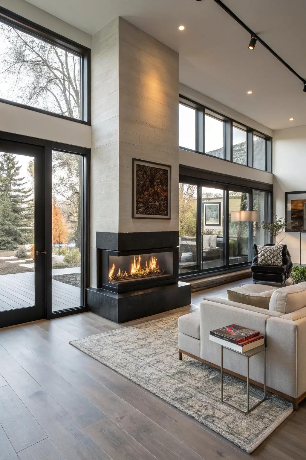 Double-sided hearths connect and heat multiple spaces.