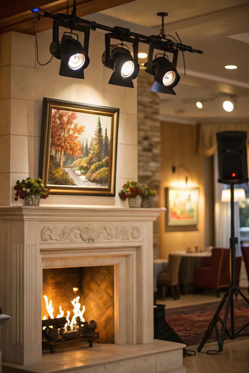 Spotlights accentuate decorative components encircling the fireplace.