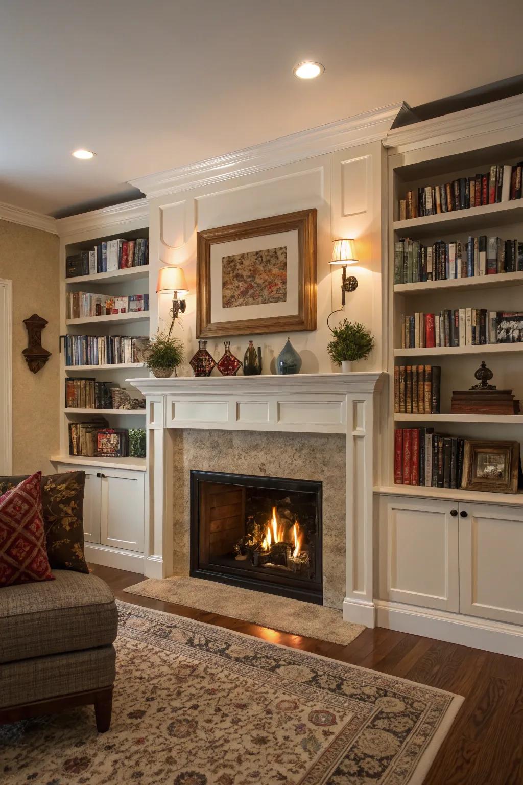 Built-in shelves add charm and practicality to your fireplace.