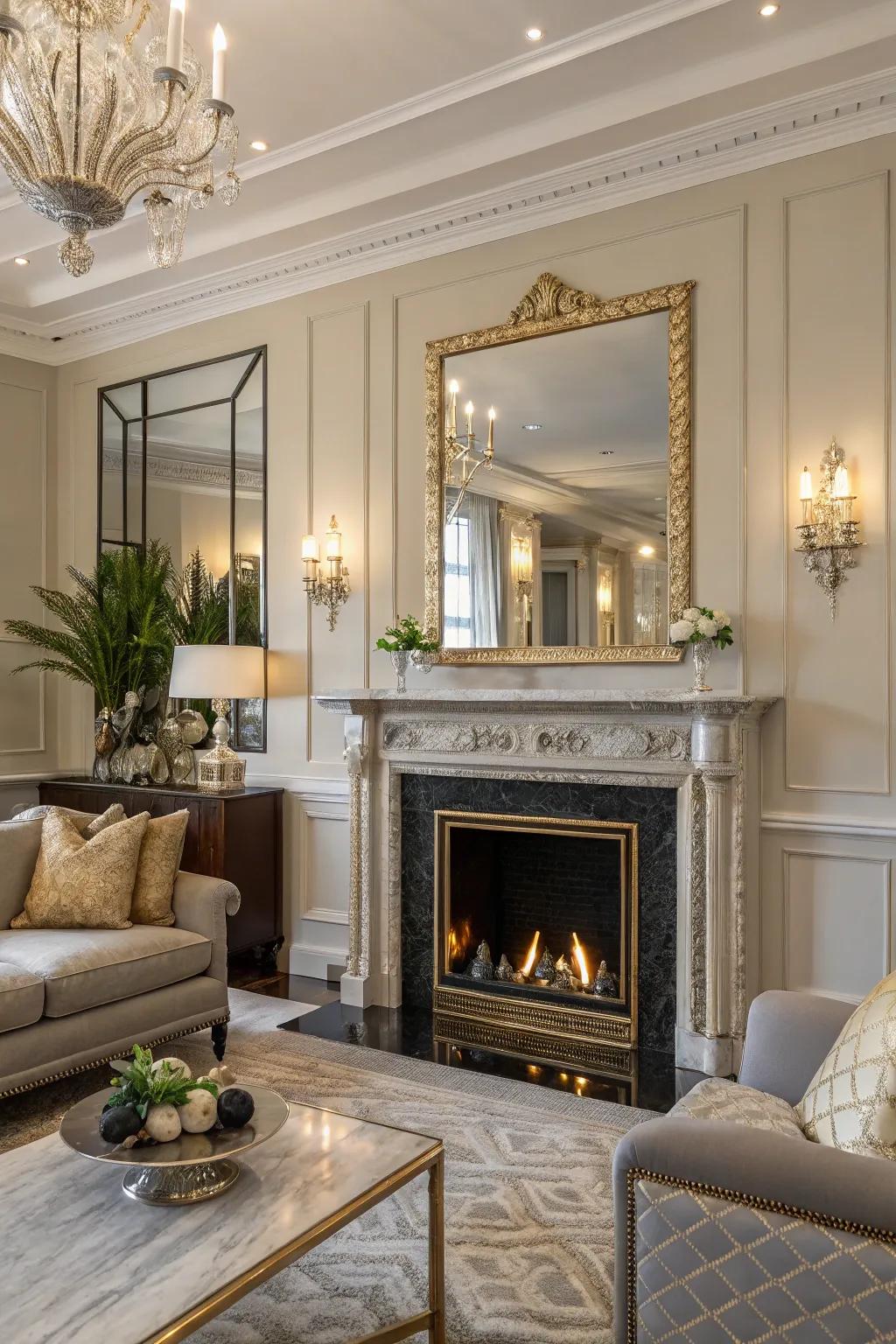 A sophisticated living space presenting a fireplace accented by metallic components and a mirror to augment spaciousness.