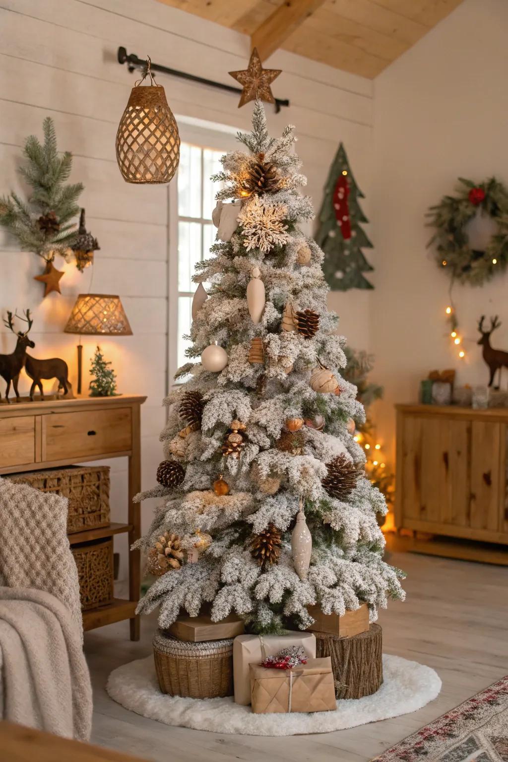 A whimsical forest-inspired flocked Christmas tree.