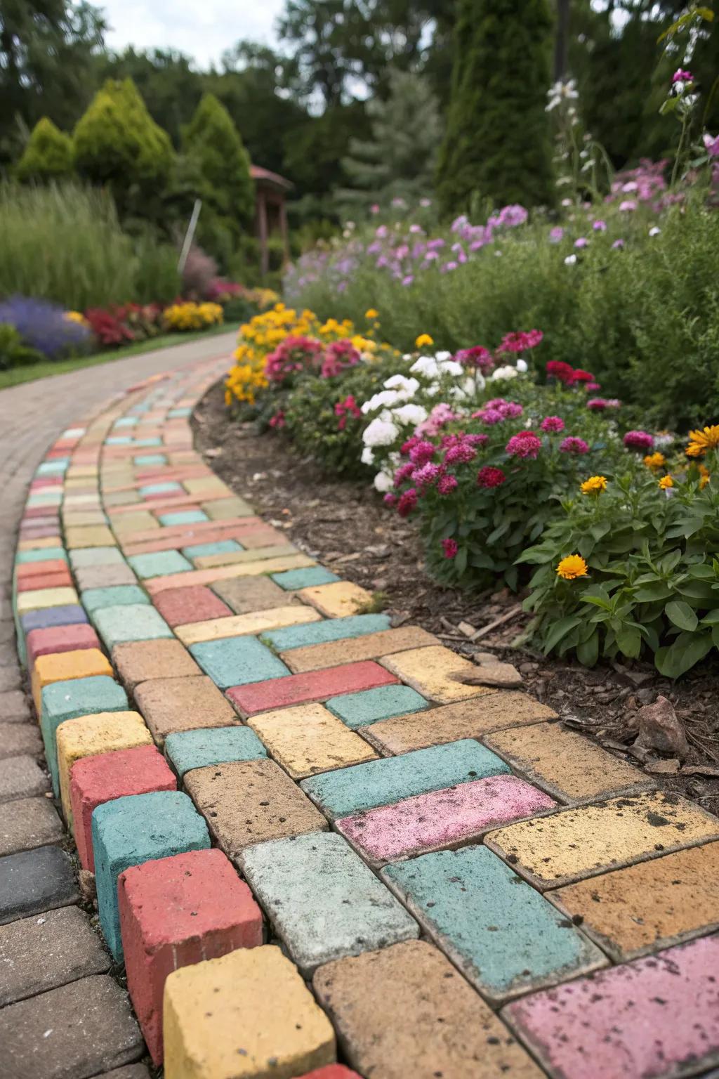 Imaginative block arrangements contribute color and texture to flower patch borders.