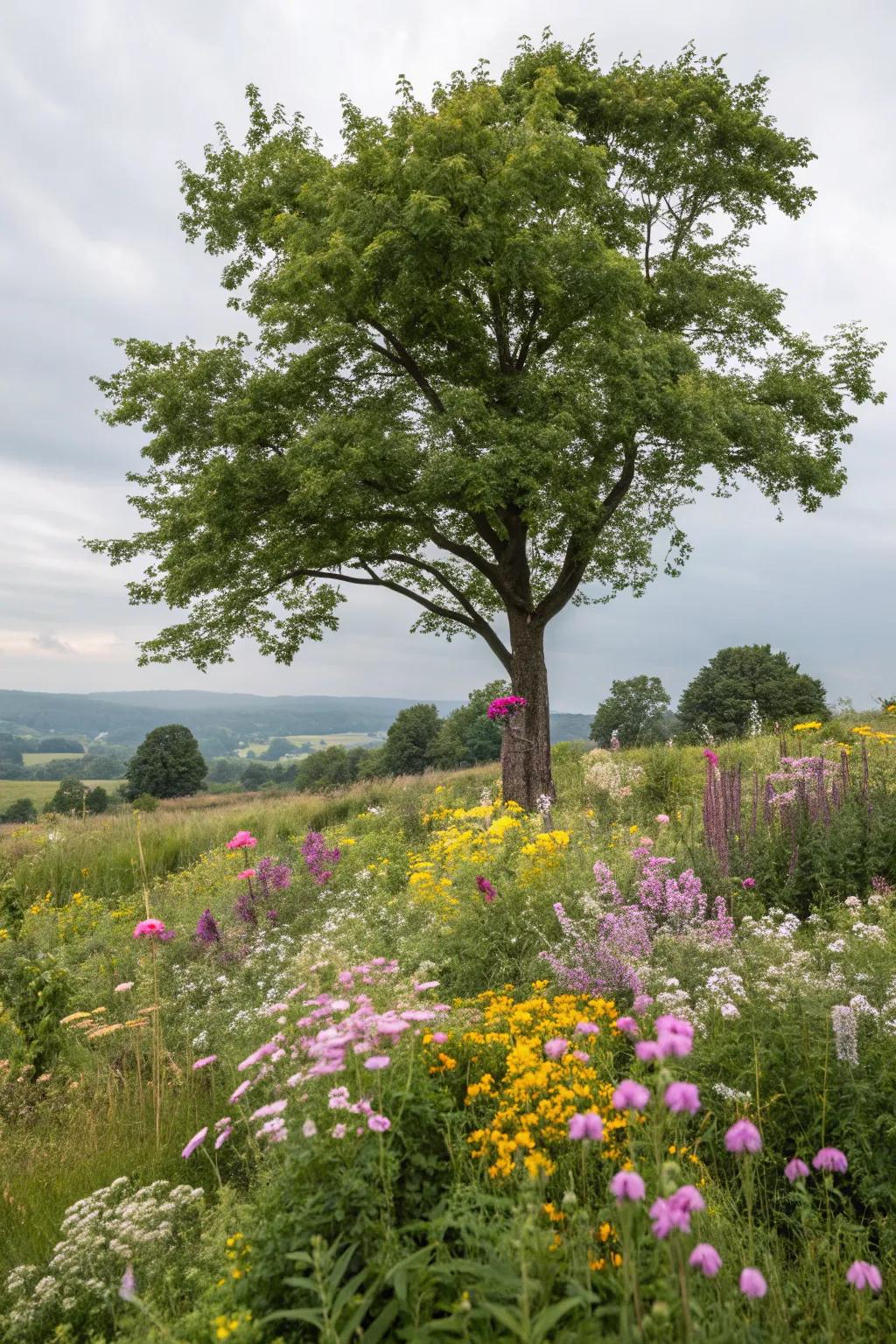 A flora garden encircling a tree, providing sanctuary for pollinators.