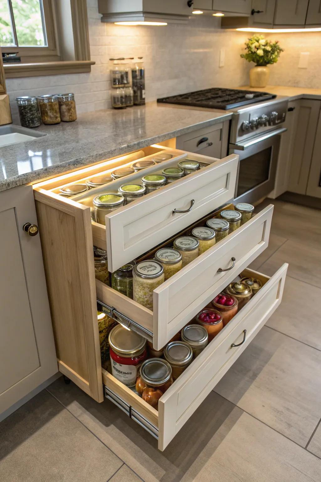 Pull-out drawers make organizing and getting to items easier.