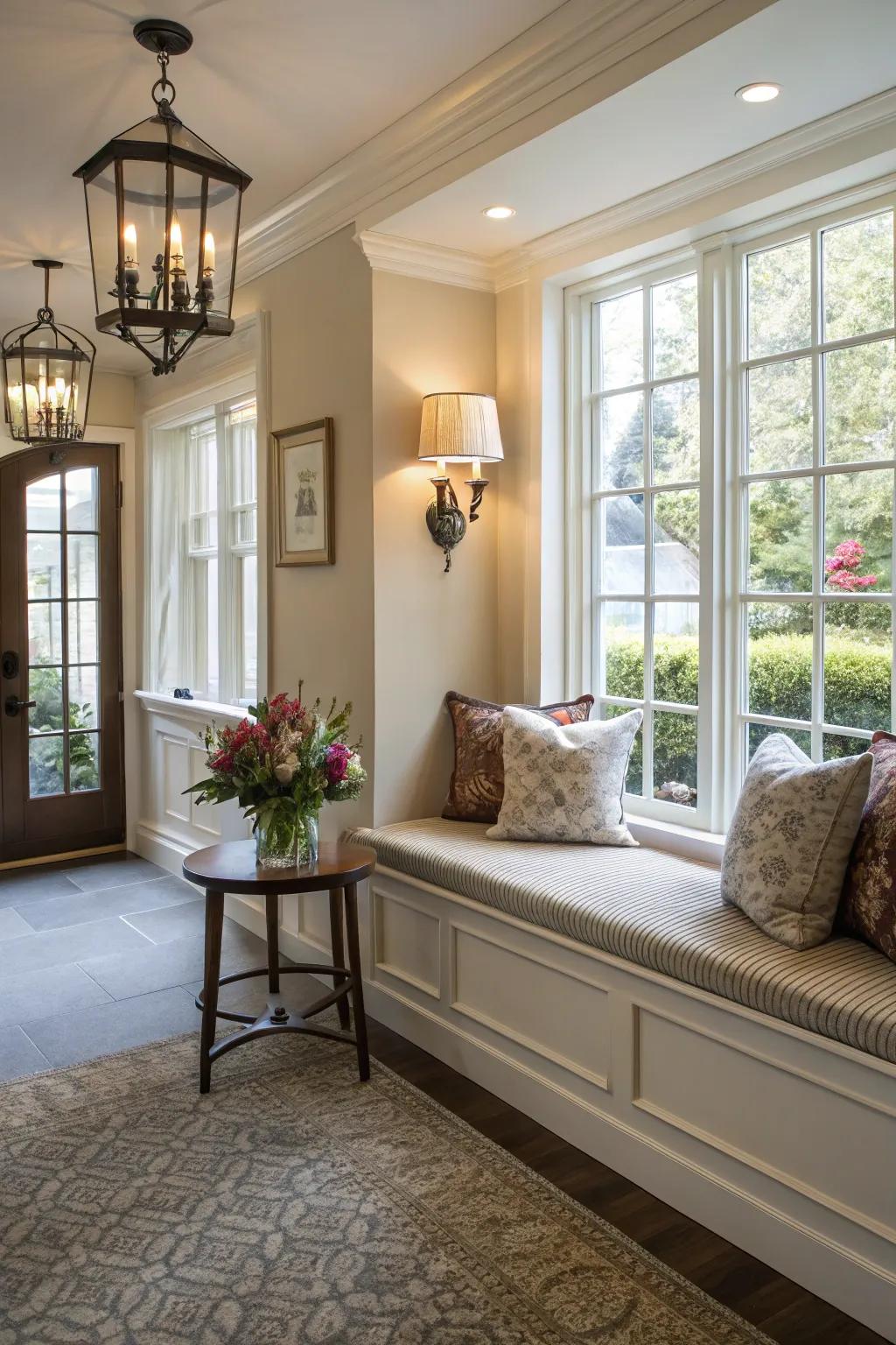 Seating enriches an entryway with additional comfort and functionality.