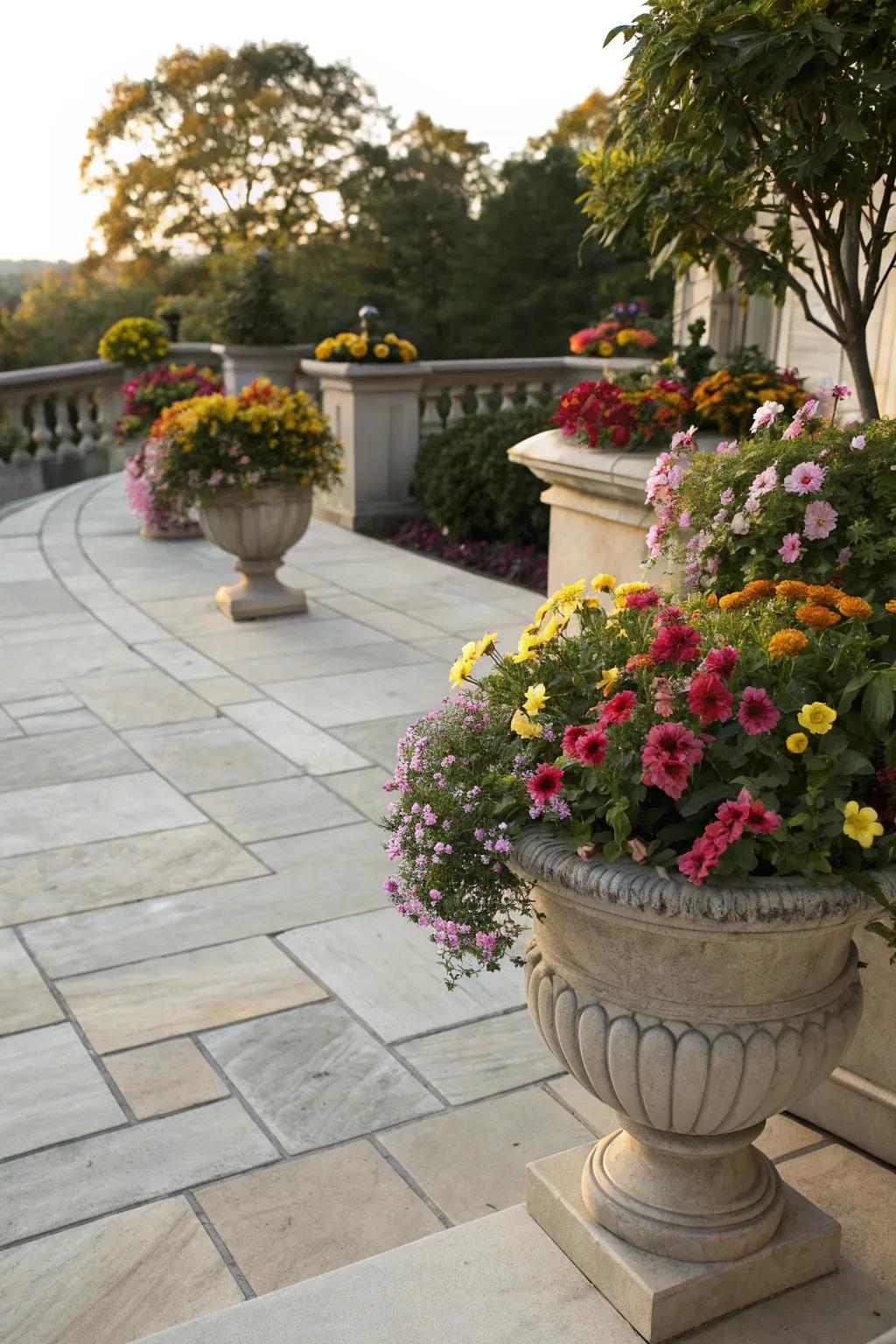 Showy pots with seasonal blossoms on a delightful outdoor space.