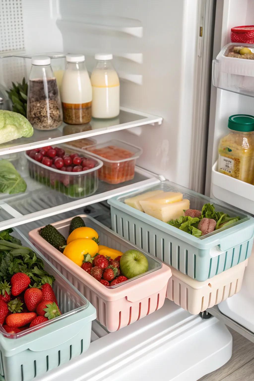 Organized zones created in the fridge with shelf dividers.