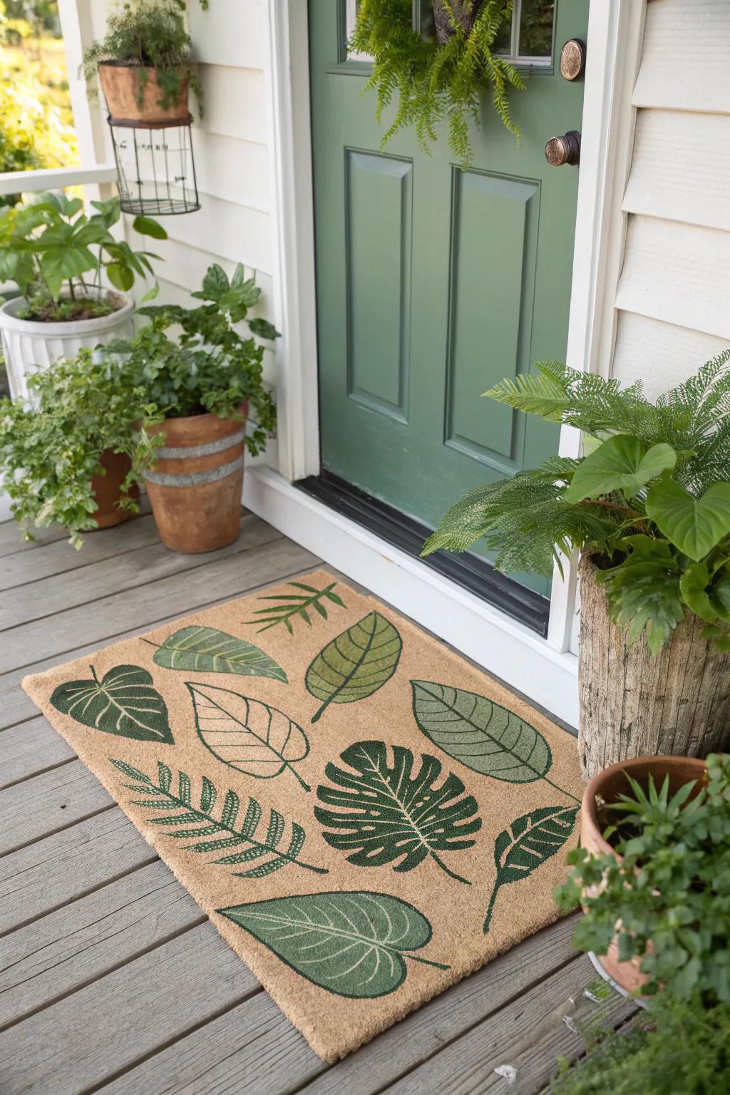 A botanical doormat surrounded by vibrant greenery.