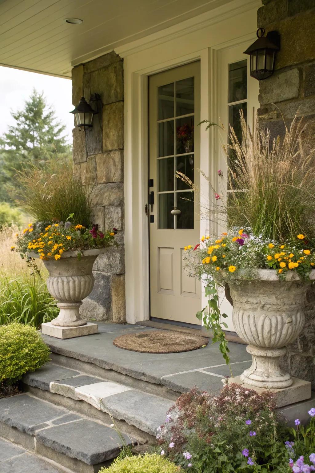 Embrace rustic allure with aged stone and native plantings.
