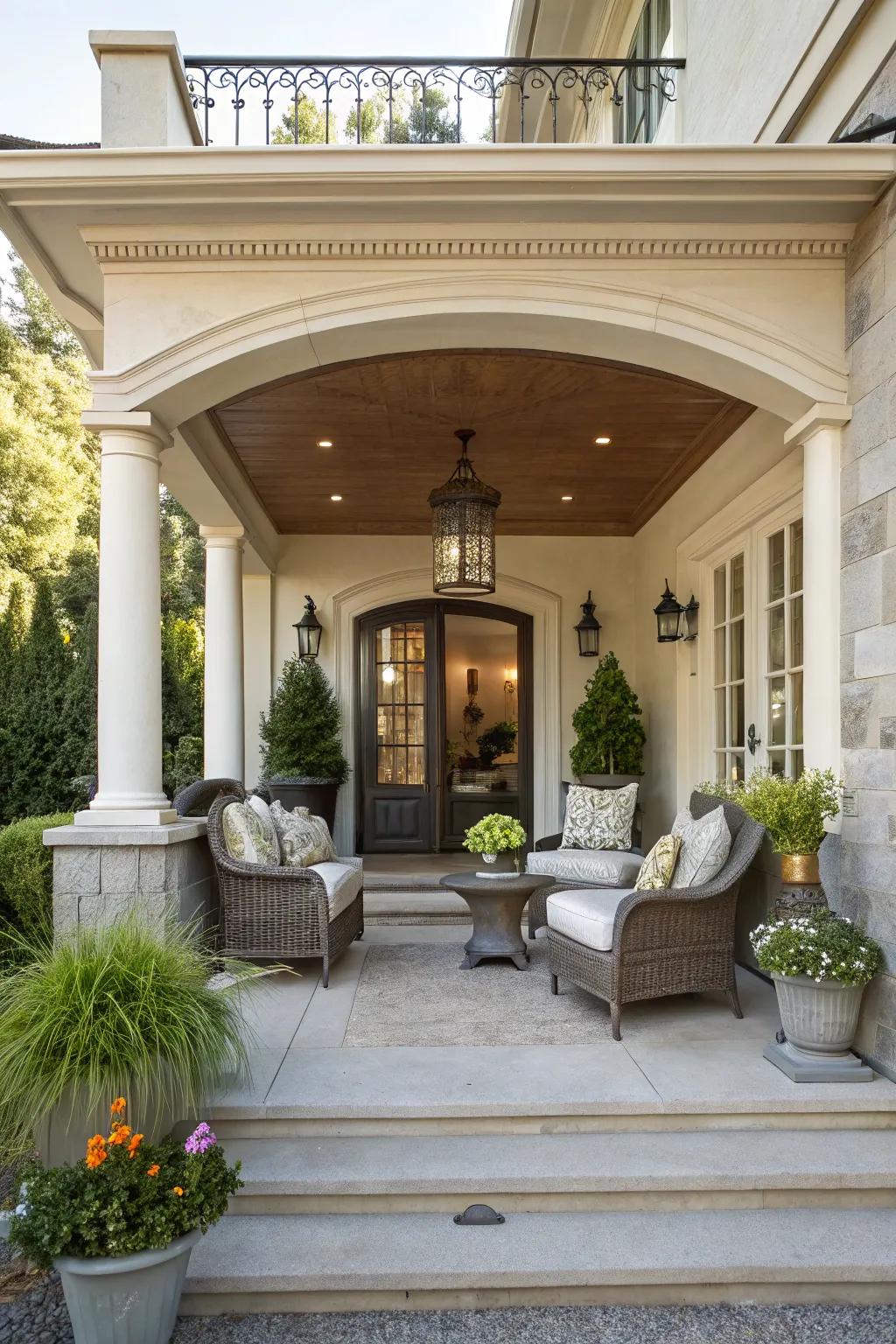 A sheltered porch offering a relaxing, cozy spot.