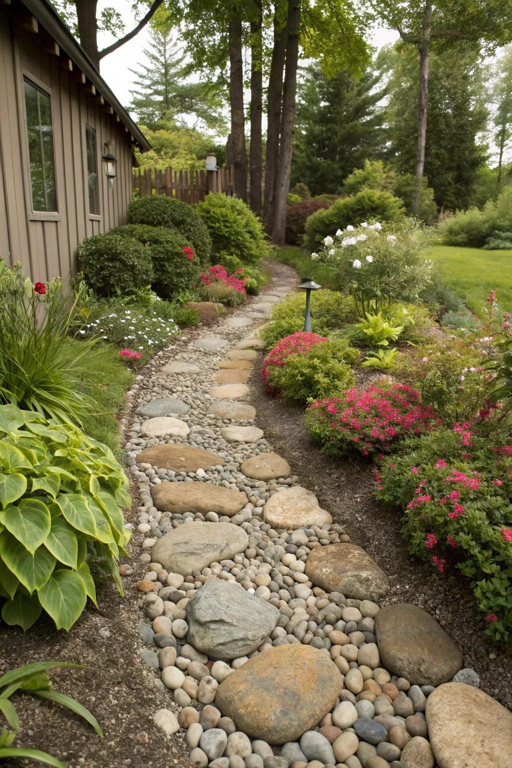 River stone pathways beckon exploration and exude charm.