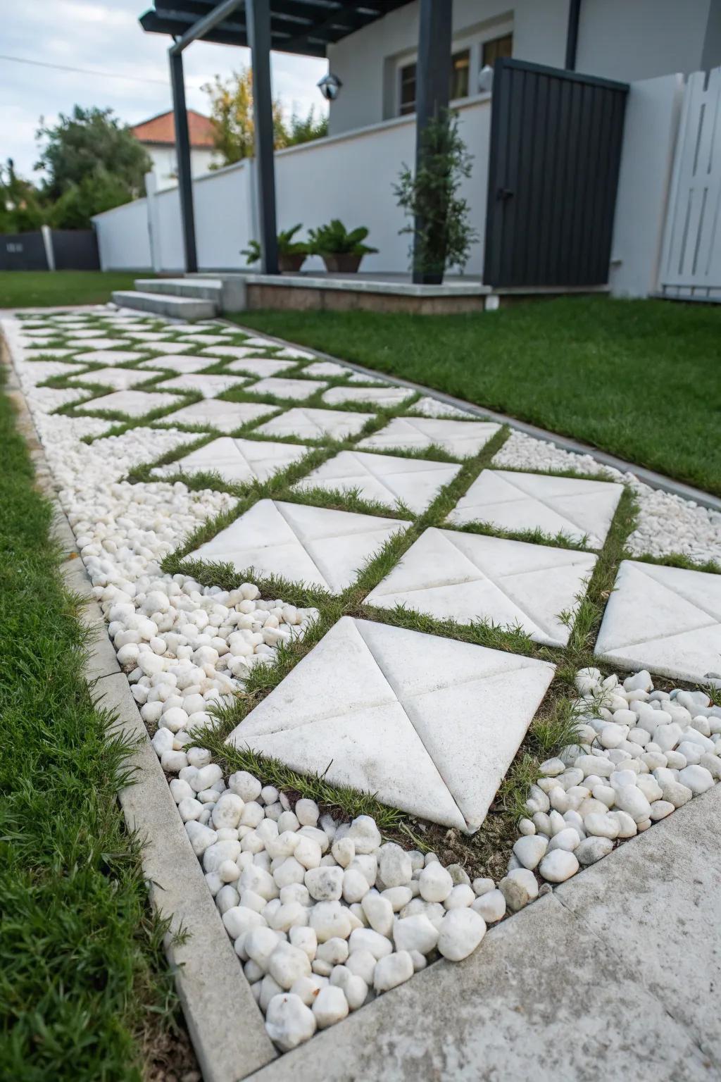 Geometric layouts with alabaster stones introduce a modern essence.