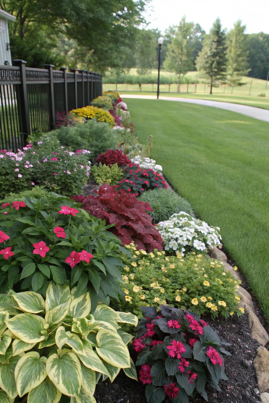 Craft an engaging flower bed using contrasting textures and colors.