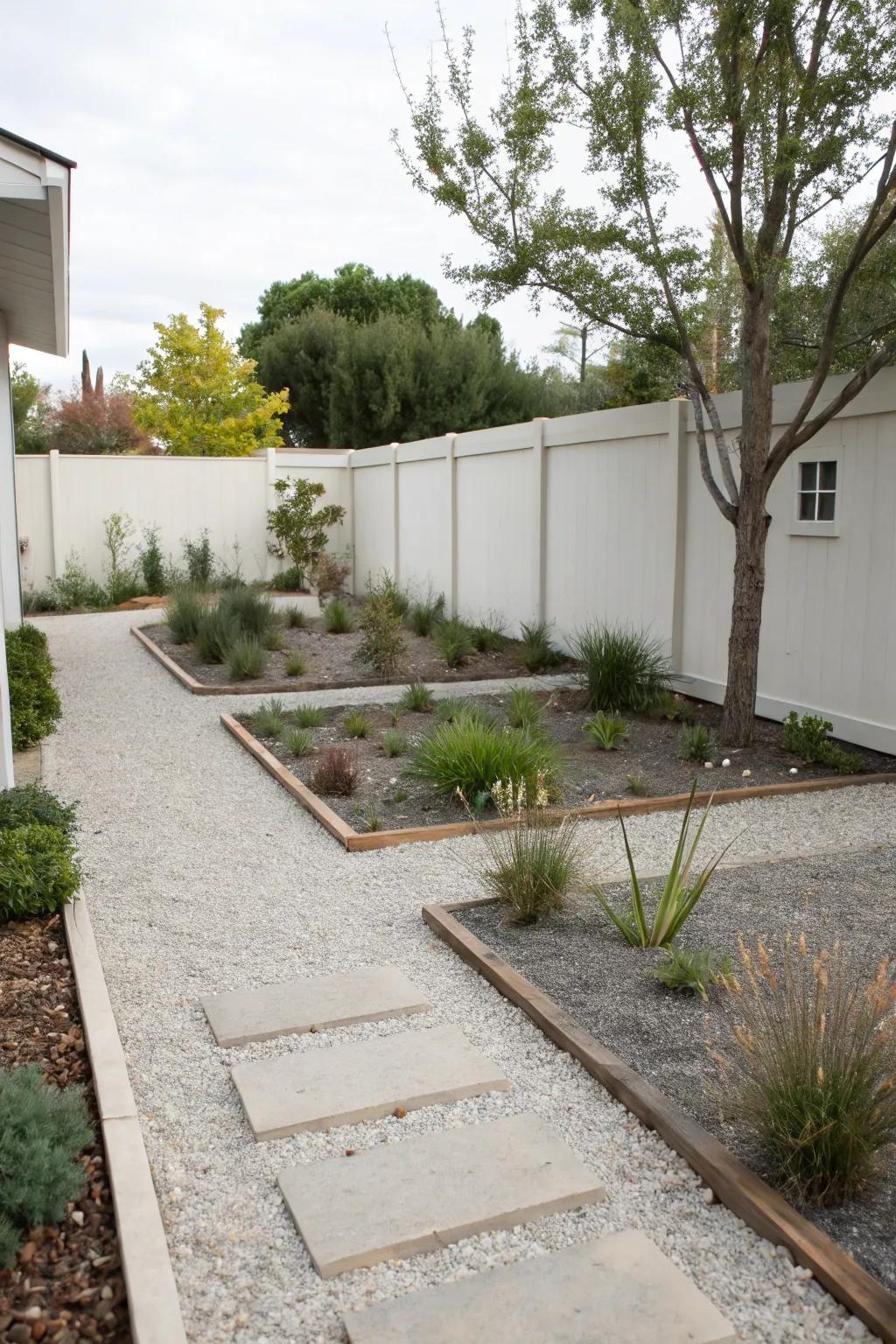 A minimalist front yard featuring refined gravel pathways and sparse plantings.