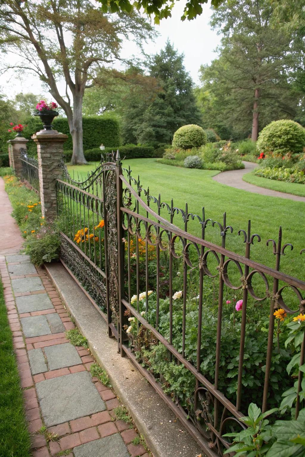 A low-profile metal artistry barrier subtly enhancing a front garden.