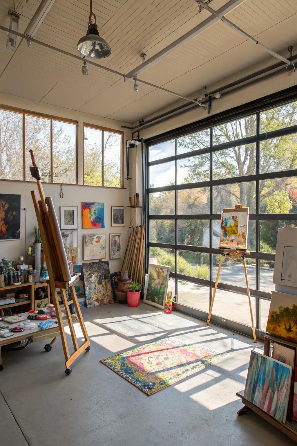 An art studio bathed in natural light in a garage setting.