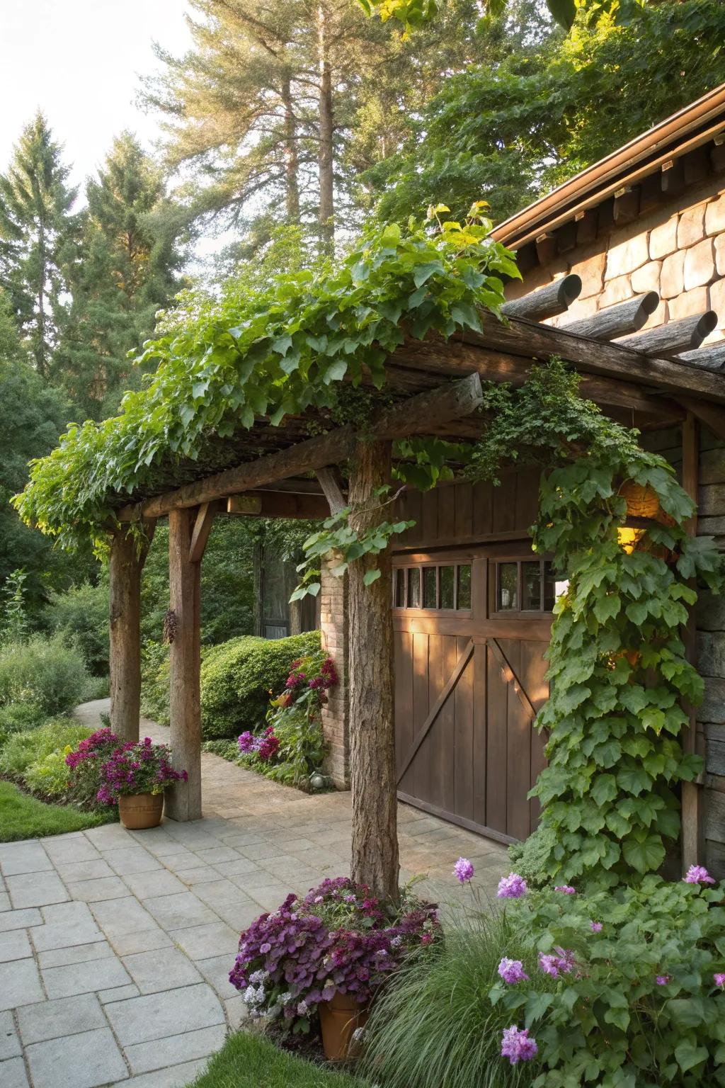 Rustic log awning enhanced by climbing vines.