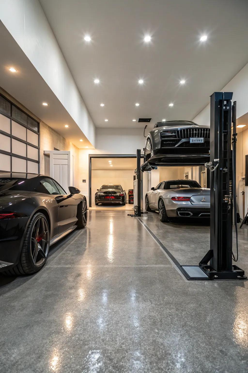Luxury garages with high-tech hoists offer a blend of elegance and functionality.