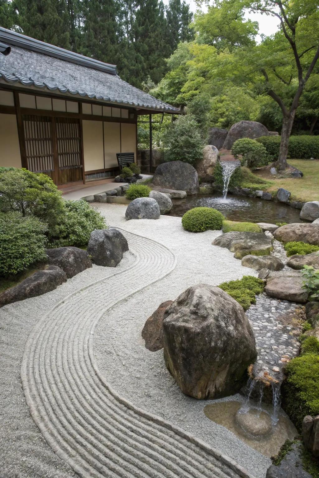 A serene Zen garden showcasing rocks and calming water accents.