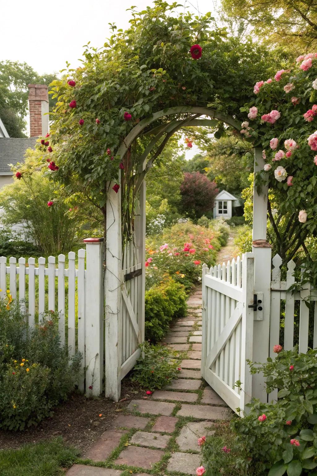 Traditional ivory picket palisade gate for a sentimental garden ambiance.