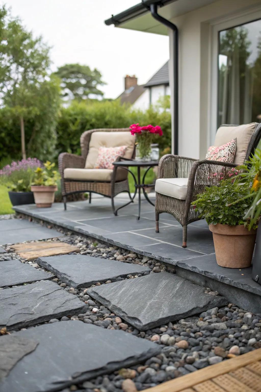 Unwind in elegance with a patio space enhanced by refined stone fragments.