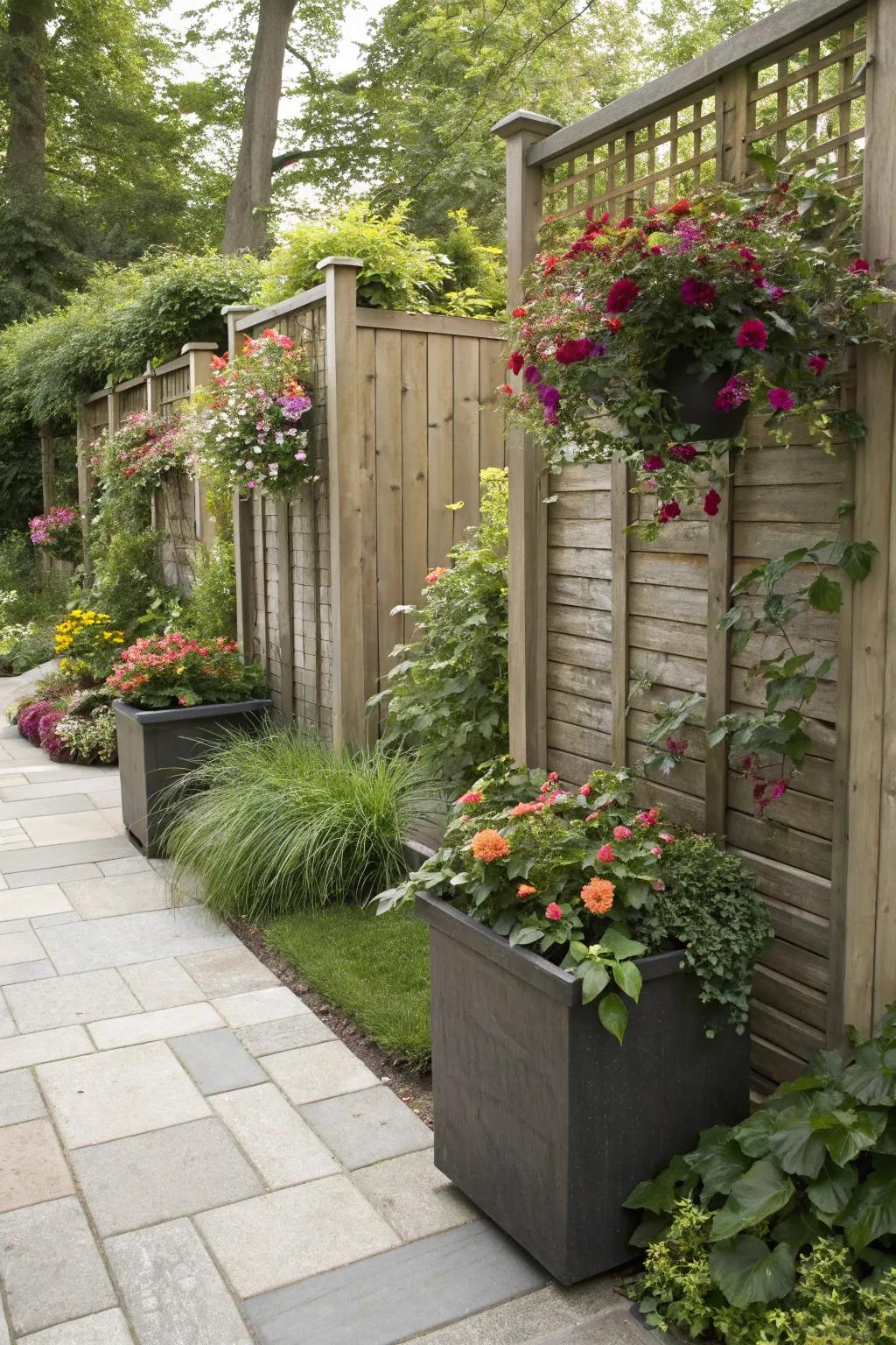 Flowerbeds enhance privacy while adding verdant elements.