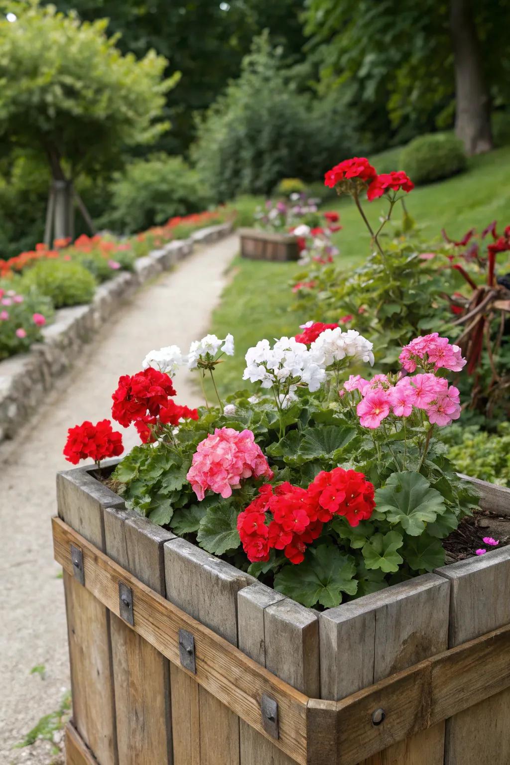 A woodland timber box, flourishing with vibrant geraniums, harmonizes beautifully in a lush garden setting.