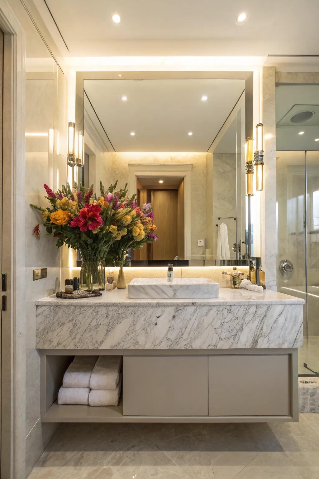 A bathroom featuring a floral arrangement as a beautiful accent on a marble vanity.