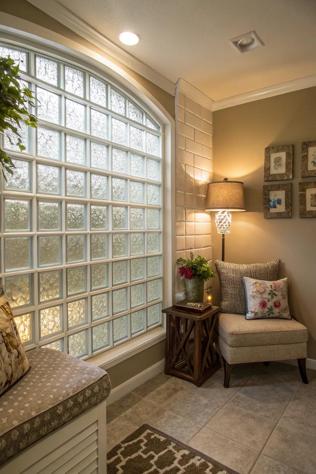 A cozy corner with a crystal cube wall offering privacy and a comfortable atmosphere filled with light.