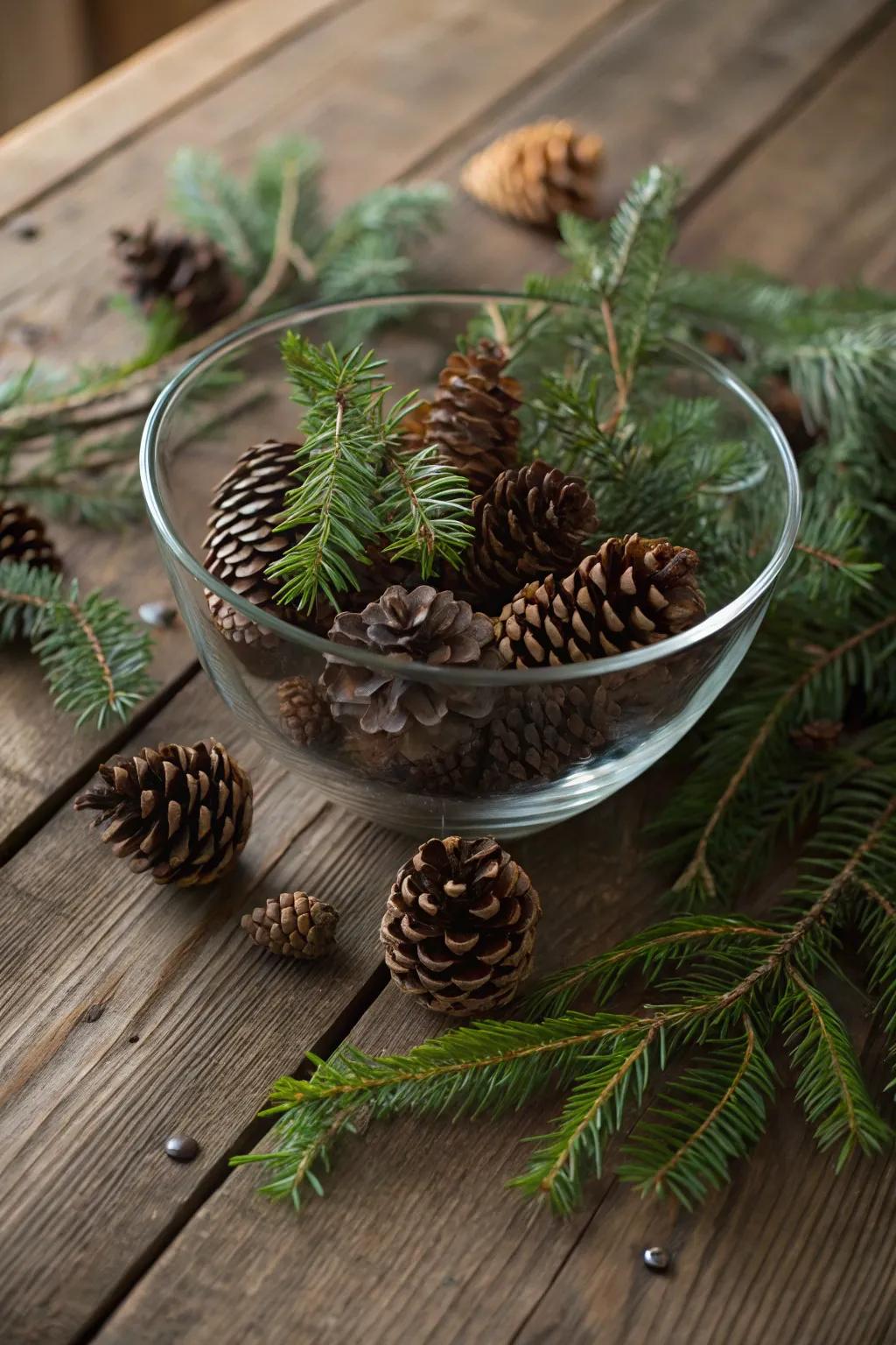 Innate constituents, encompassing cones from pine trees and verdure, housed within a crystalline bowl.