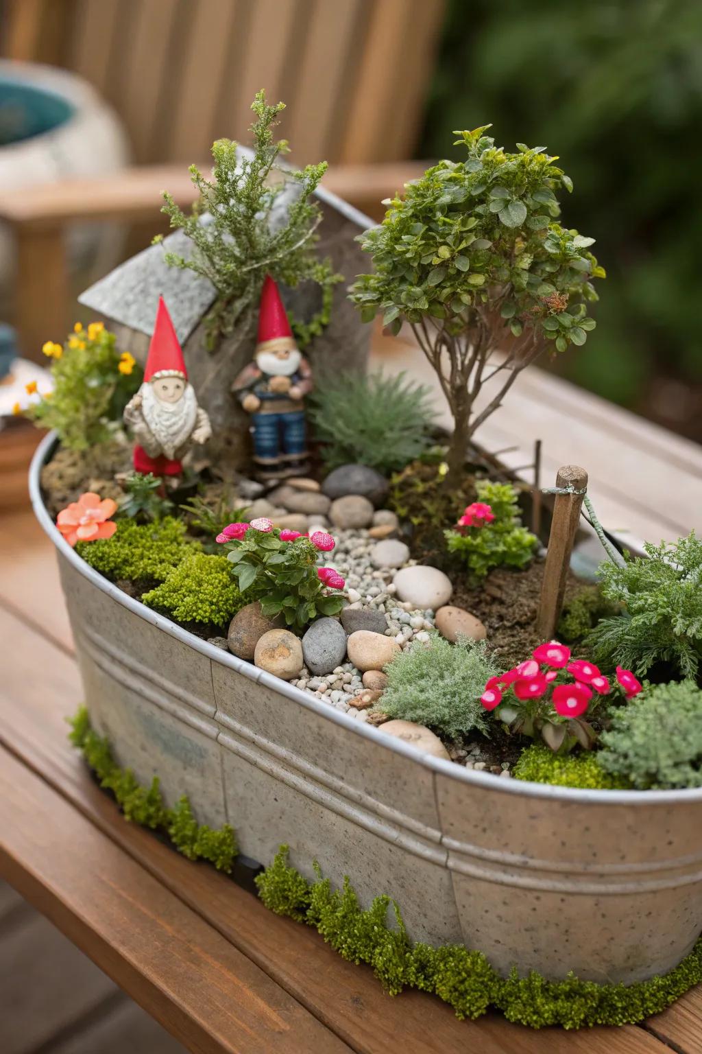 A portable gnome garden contained in a repurposed wheelbarrow.