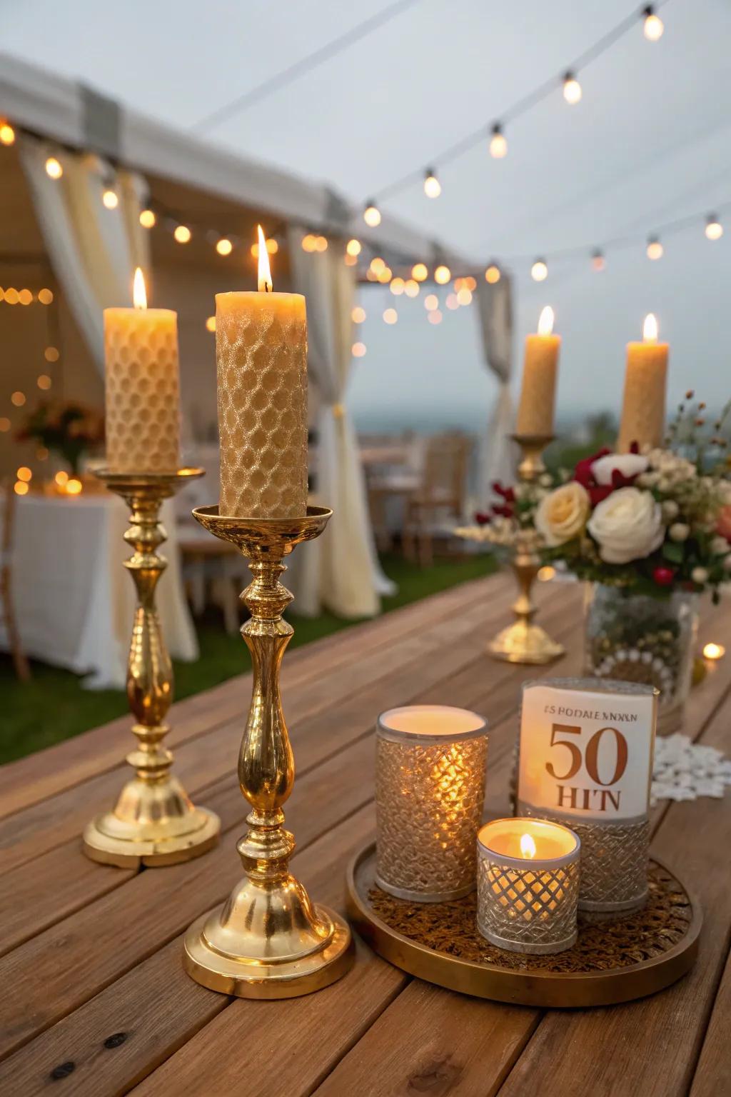 Gilded candle holders craft a welcoming and cozy mood.