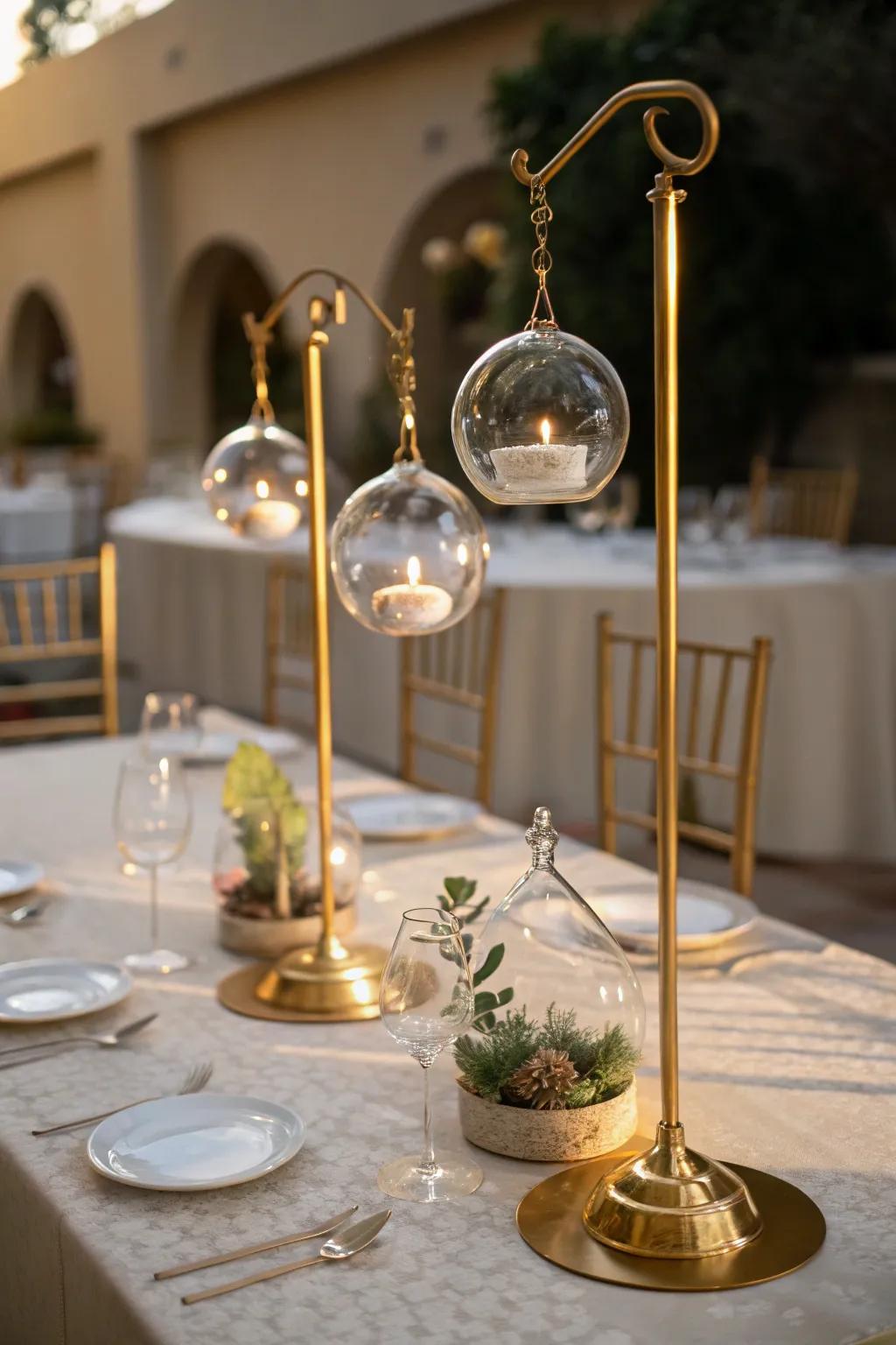 Enchanting gilded frames featuring suspended glass orbs.